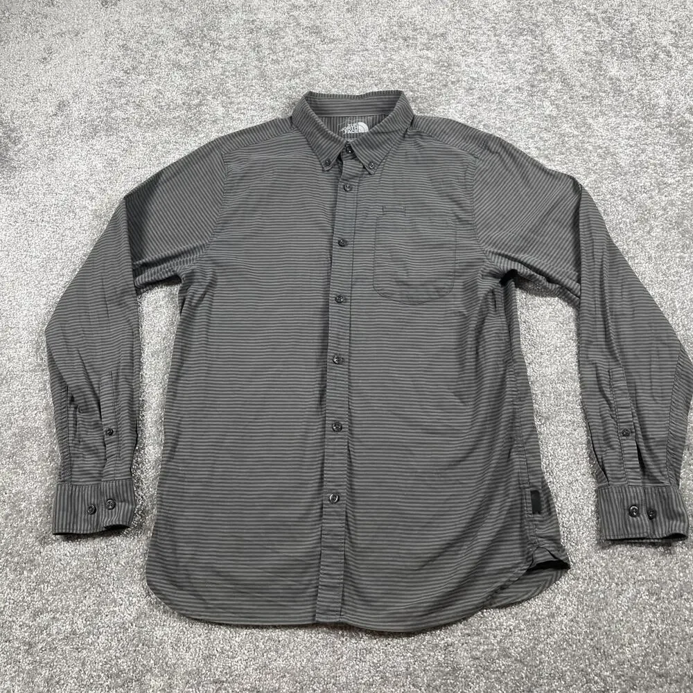 North Face Button Down Shirt Mens Medium Stripe Long‎ Sleeve Outdoors Gray